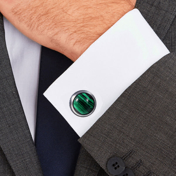 Natural Green Malachite HighTower Serrated Side Stainless steel 316L Cufflinks for Tuxedo Shirts