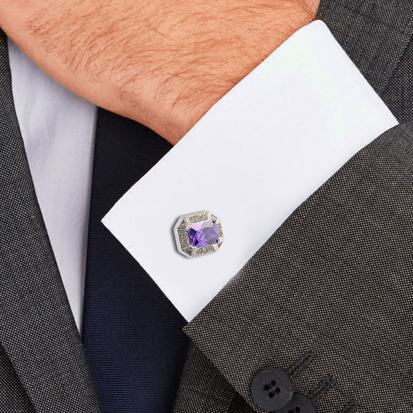 Purple Crystal Zircon Gem Men French  Silver Plated Cufflinks