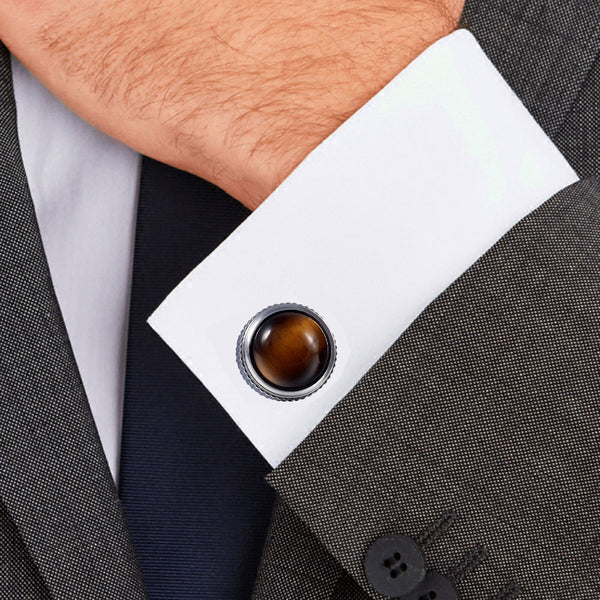 Natural Tiger Eye Stone HighTower Serrated Side Stainless steel 316L Cufflinks for Tuxedo Shirts