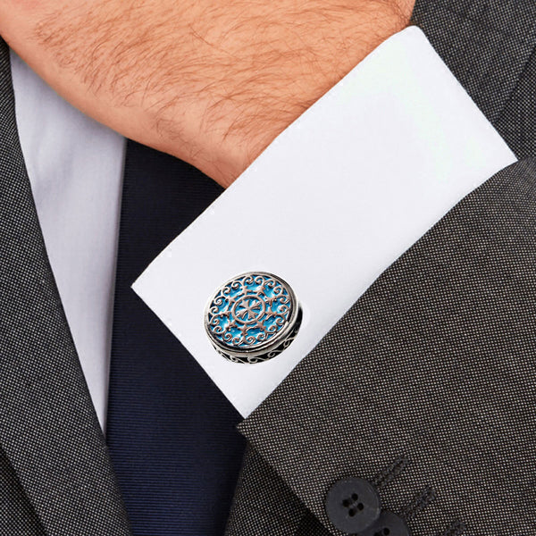 Blue Retro Palace Court Flower Vine Carving Stainless Steel 316L Cufflinks For Gentry Tuxedo Business Formal Shirts