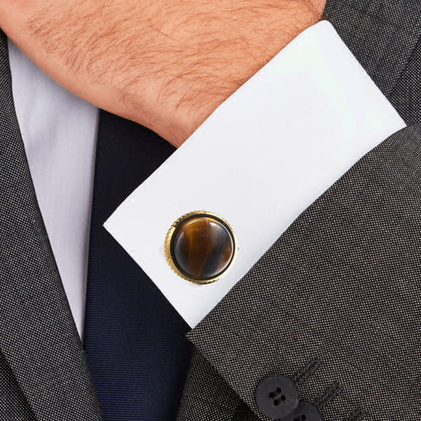 Natural enamel gold tiger eye stone Casting Serrated  stainless steel 316L cufflinks for Tuxedo Business Formal Shirts one pairs