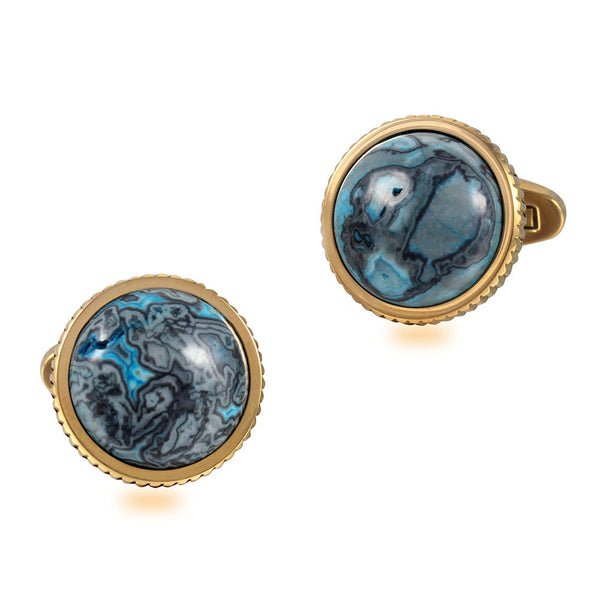 Blue Crazy Blue Agate stone Casting Serrated  stainless steel 316L cuff links for Tuxedo Business Formal Shirts one pairs