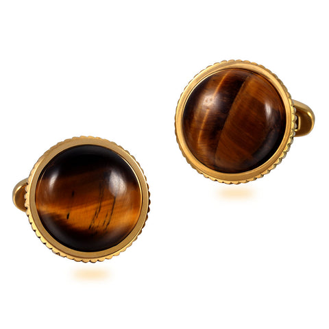 Natural enamel gold tiger eye stone Casting Serrated  stainless steel 316L cufflinks for Tuxedo Business Formal Shirts one pairs