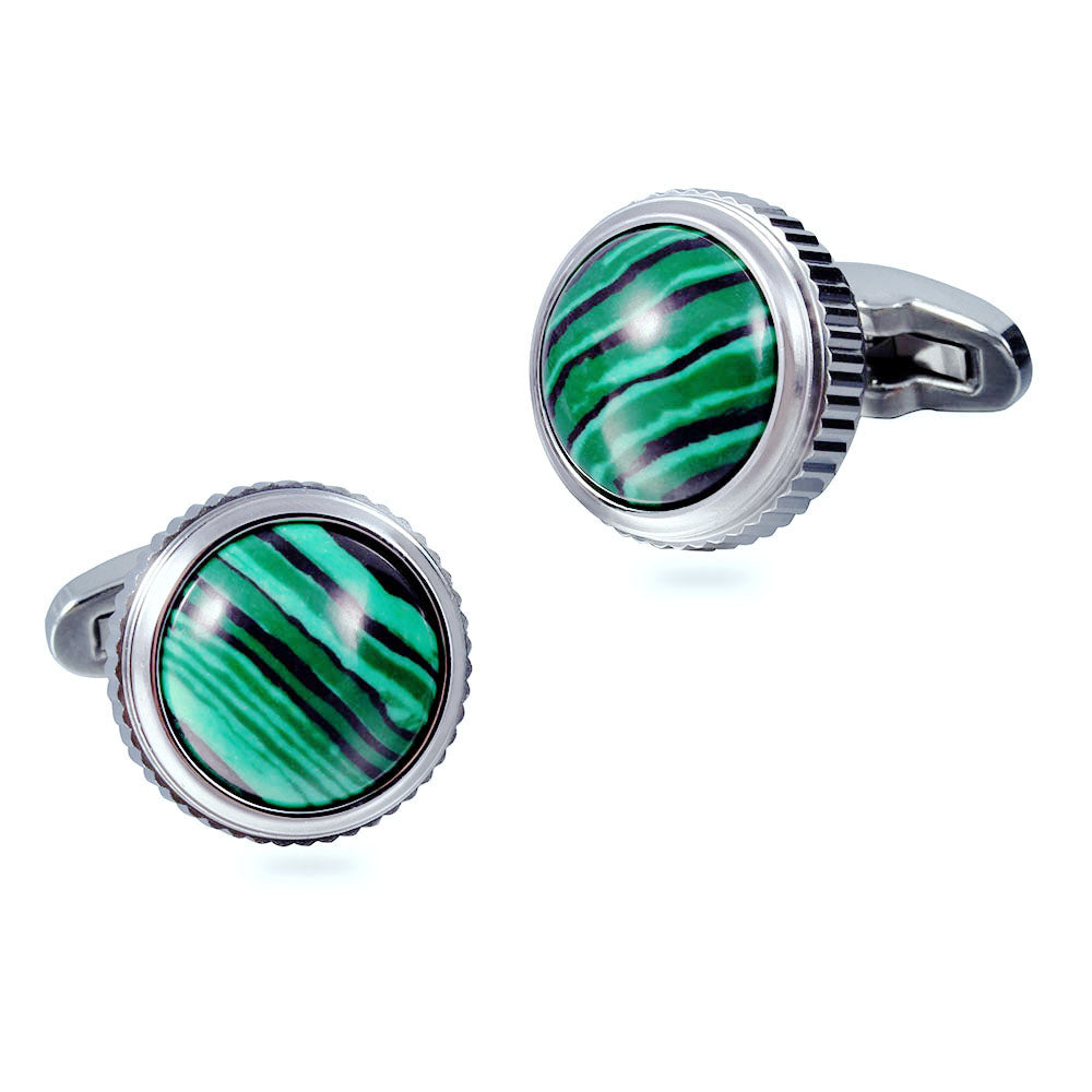 Natural Green Malachite HighTower Serrated Side Stainless steel 316L Cufflinks for Tuxedo Shirts
